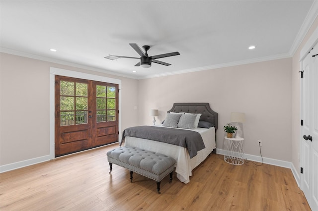 6701 Fish Pond Rd, Waco, TX 76710 - bedroom with french doors, baseboards, light wood finished floors, recessed lighting, and ceiling fan