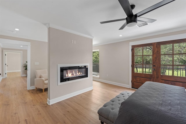 6701 Fish Pond Rd, Waco, TX 76710 - bedroom featuring french doors, crown molding, baseboards, access to outside, and recessed lighting