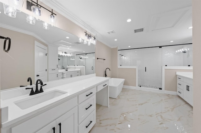 6701 Fish Pond Rd, Waco, TX 76710 - bathroom featuring crown molding, a shower stall, a freestanding tub, two vanities, and recessed lighting