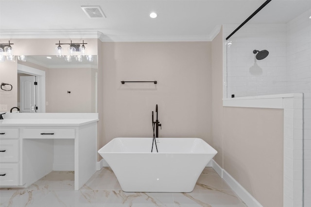 6701 Fish Pond Rd, Waco, TX 76710 - full bathroom with a soaking tub, crown molding, vanity, marble finish flooring, and baseboards