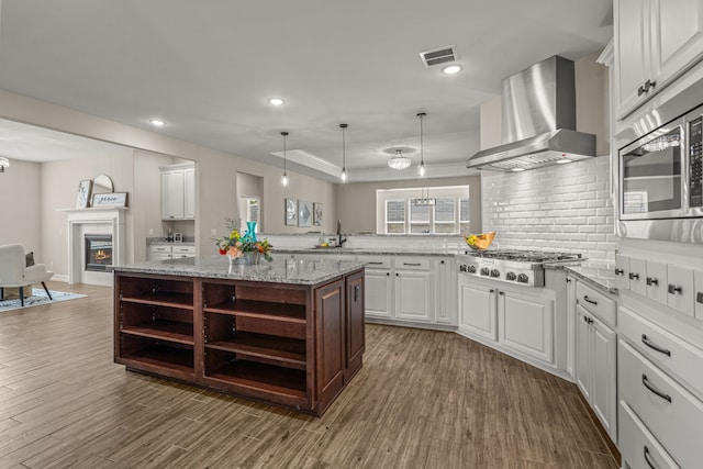 712 Freedom Ln, Little Elm, TX 76227 - kitchen with wall chimney exhaust hood, open shelves, appliances with stainless steel finishes, wood finished floors, and a tray ceiling