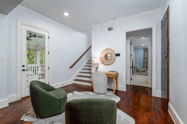 812 Baker St, Mckinney, TX 75069 - living room featuring ornamental molding, stairs, and wood finished floors