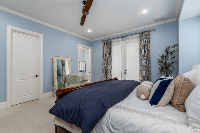 812 Baker St, Mckinney, TX 75069 - carpeted bedroom with ornamental molding, recessed lighting, and ceiling fan
