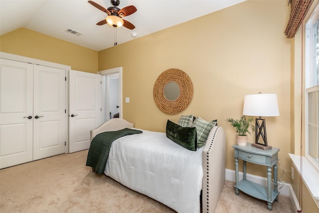 812 Baker St, Mckinney, TX 75069 - carpeted bedroom featuring a closet, lofted ceiling, and ceiling fan