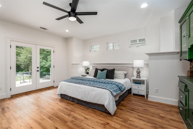 812 Baker St, Mckinney, TX 75069 - bedroom with access to exterior, french doors, recessed lighting, light wood-style flooring, and ceiling fan