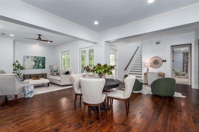 812 Baker St, Mckinney, TX 75069 - dining area with hardwood / wood-style floors, stairway, a ceiling fan, recessed lighting, and ornamental molding