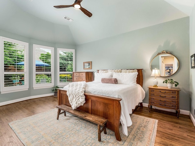 3021 Sunny Hill Ln, Prosper, TX 75078 - bedroom featuring wood finished floors, lofted ceiling, baseboards, and ceiling fan