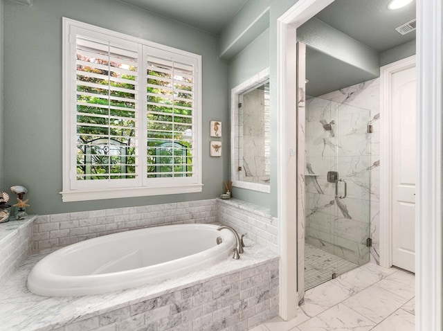 3021 Sunny Hill Ln, Prosper, TX 75078 - bathroom with a garden tub, a marble finish shower, healthy amount of natural light, and marble finish flooring