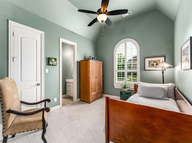 3021 Sunny Hill Ln, Prosper, TX 75078 - bedroom featuring vaulted ceiling, light carpet, baseboards, ensuite bath, and a ceiling fan