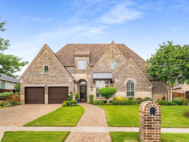 3021 Sunny Hill Ln, Prosper, TX 75078 - view of front of home featuring a front lawn, driveway, brick siding, a garage, and stone siding