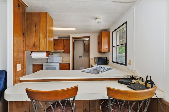 30 The Rdg, Corinth, TX 76210 - kitchen with white electric stove, black microwave, a sink, brown cabinetry, and a peninsula