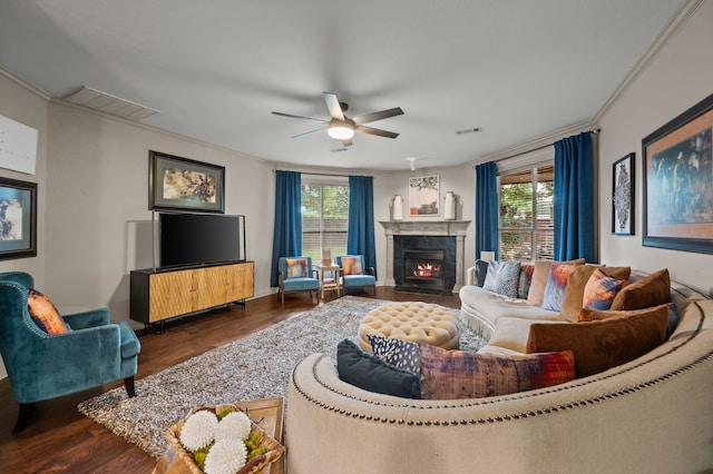 4213 Fairway Crossing Dr, Fort Worth, TX 76137 - living area featuring a ceiling fan, plenty of natural light, wood finished floors, and crown molding