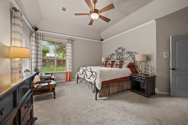 4213 Fairway Crossing Dr, Fort Worth, TX 76137 - bedroom featuring light colored carpet, baseboards, a tray ceiling, lofted ceiling, and ceiling fan
