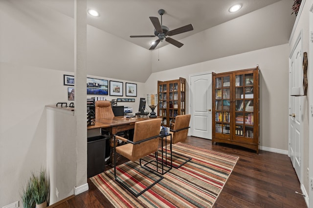 4213 Fairway Crossing Dr, Fort Worth, TX 76137 - home office featuring vaulted ceiling, ceiling fan, recessed lighting, wood finished floors, and baseboards