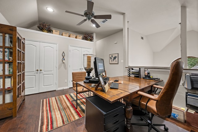 4213 Fairway Crossing Dr, Fort Worth, TX 76137 - office with vaulted ceiling, a ceiling fan, and dark wood finished floors