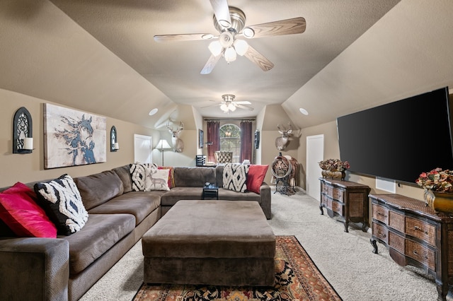 4213 Fairway Crossing Dr, Fort Worth, TX 76137 - carpeted living room with ceiling fan and lofted ceiling