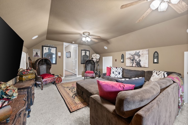 4213 Fairway Crossing Dr, Fort Worth, TX 76137 - carpeted living area with ceiling fan and lofted ceiling