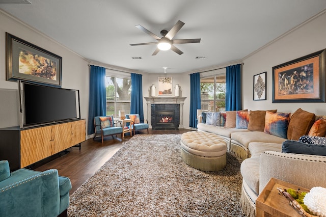 4213 Fairway Crossing Dr, Fort Worth, TX 76137 - living area featuring ornamental molding, ceiling fan, dark wood finished floors, a fireplace, and baseboards