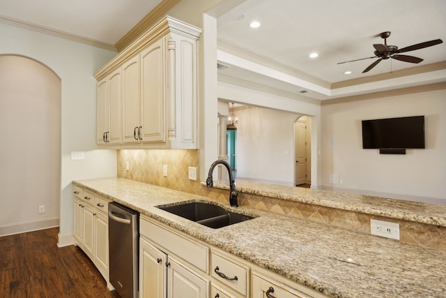 301 Harrison Cir, Van Alstyne, TX 75495 - kitchen featuring a sink, dishwasher, arched walkways, tasteful backsplash, and crown molding