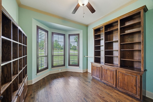 301 Harrison Cir, Van Alstyne, TX 75495 - unfurnished office featuring baseboards, dark wood-style flooring, crown molding, and a ceiling fan