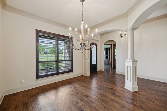 301 Harrison Cir, Van Alstyne, TX 75495 - unfurnished dining area featuring arched walkways, ornamental molding, a chandelier, dark wood-style flooring, and baseboards