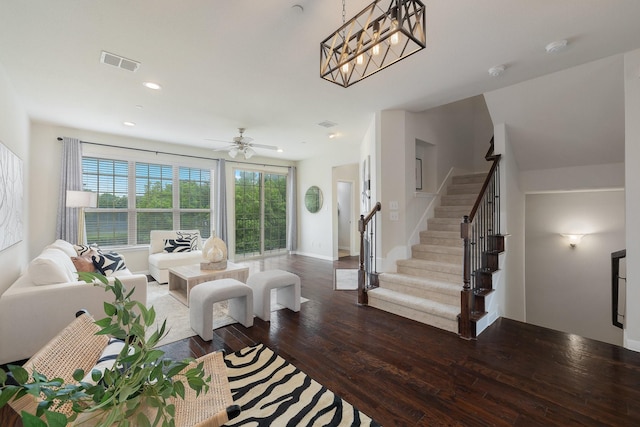 3924 Asbury Ln, Addison, TX 75001 - living area featuring dark wood-type flooring, healthy amount of natural light, stairway, a ceiling fan, and recessed lighting