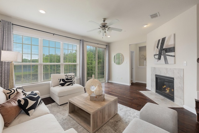 3924 Asbury Ln, Addison, TX 75001 - living room featuring baseboards, ceiling fan, a high end fireplace, wood finished floors, and recessed lighting