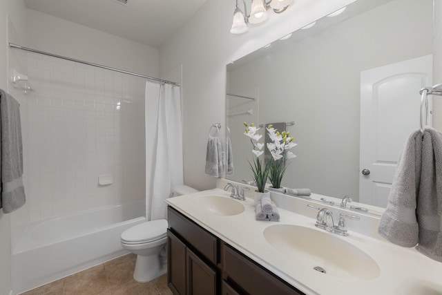3924 Asbury Ln, Addison, TX 75001 - full bath with toilet, shower / bathtub combination with curtain, double vanity, and tile patterned floors