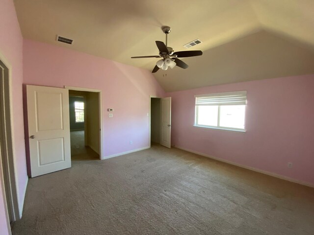 5833 N Silverton Ave, Mckinney, TX 75070 - unfurnished bedroom with lofted ceiling, baseboards, carpet flooring, and a ceiling fan