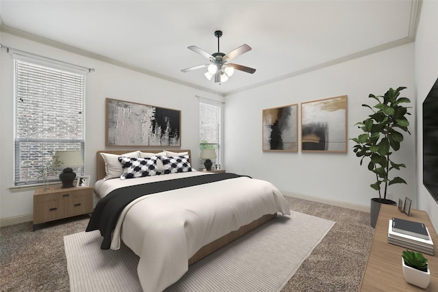 1004 Taylor Dr, Allen, TX 75013 - carpeted bedroom featuring multiple windows, crown molding, baseboards, and ceiling fan
