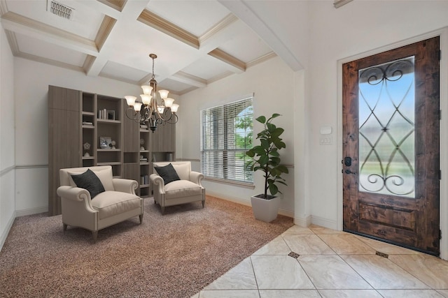 1004 Taylor Dr, Allen, TX 75013 - entrance foyer with a chandelier, beamed ceiling, coffered ceiling, carpet, and baseboards