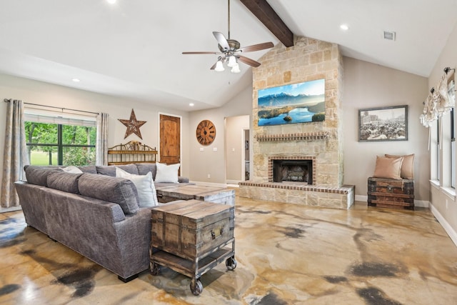 1389 County Road 3591, Paradise, TX 76073 - living room with ceiling fan, beamed ceiling, a fireplace, recessed lighting, and high vaulted ceiling