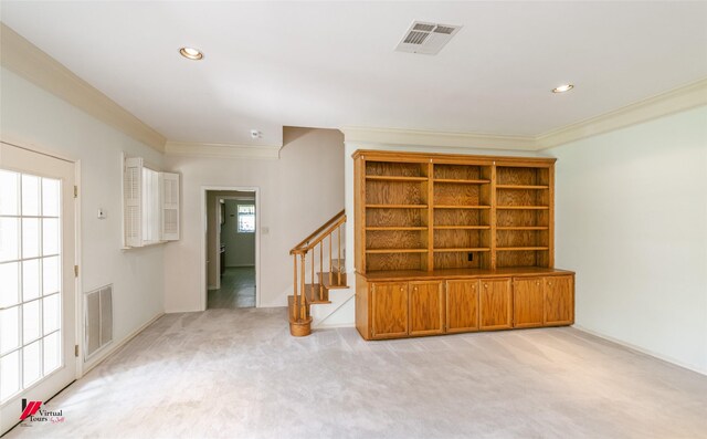 9855 Holamy Ln, Shreveport, LA 71106 - empty room with ornamental molding, light carpet, stairs, recessed lighting, and baseboards