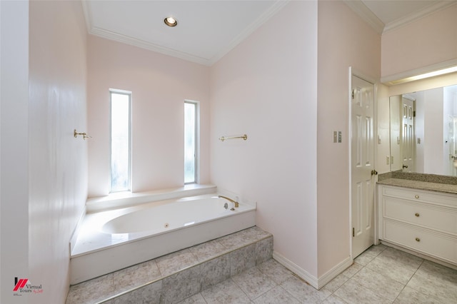 9855 Holamy Ln, Shreveport, LA 71106 - full bath featuring ornamental molding, tile patterned flooring, a jetted tub, vanity, and baseboards