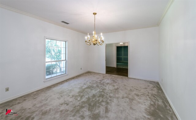 9855 Holamy Ln, Shreveport, LA 71106 - spare room featuring carpet floors, crown molding, a chandelier, and baseboards
