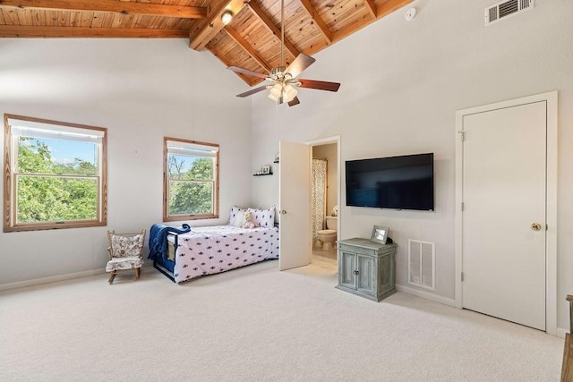 831 Old Justin Rd, Argyle, TX 76226 - carpeted bedroom featuring a wooden ceiling with exposed beams, high vaulted ceiling, ensuite bathroom, and ceiling fan