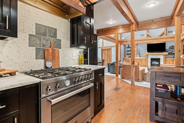 831 Old Justin Rd, Argyle, TX 76226 - kitchen with high end stainless steel range oven, decorative backsplash, light wood-type flooring, light countertops, and custom exhaust hood