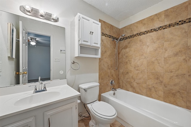 4111 Cypress Springs Dr, Arlington, TX 76001 - bathroom featuring a textured ceiling, toilet, shower / bath combination, vanity, and a ceiling fan