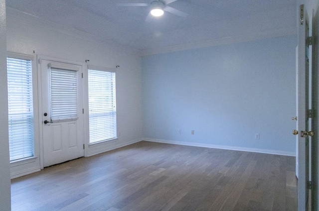 2104 Hunter Place Ln, Arlington, TX 76006 - empty room with a ceiling fan, wood finished floors, baseboards, and ornamental molding
