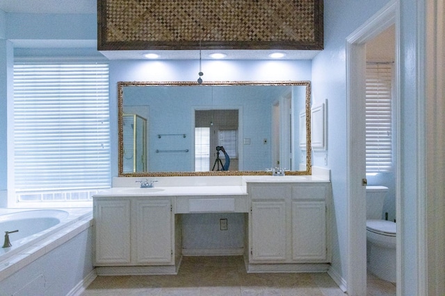 2104 Hunter Place Ln, Arlington, TX 76006 - bathroom with double vanity, a garden tub, toilet, a shower, and tile patterned flooring