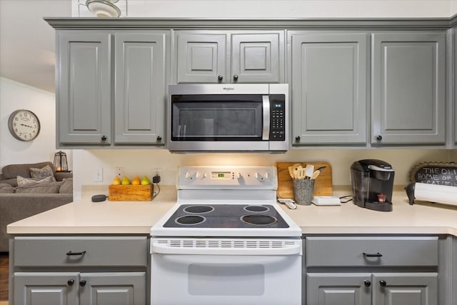 10285 Peony Ln, Waco, TX 76708 - kitchen with stainless steel microwave, gray cabinetry, white electric range, and light countertops