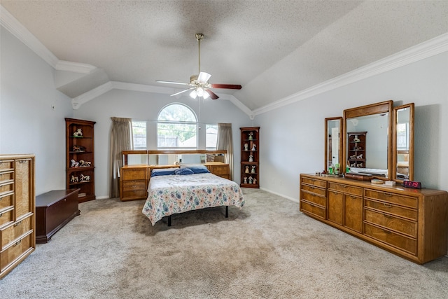 1109 Huntington Trl, Mansfield, TX 76063 - carpeted bedroom featuring a textured ceiling, vaulted ceiling, ornamental molding, and a ceiling fan