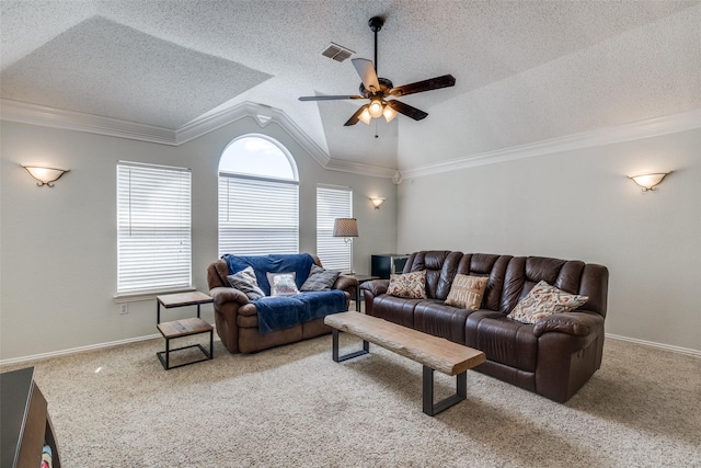 1109 Huntington Trl, Mansfield, TX 76063 - carpeted living area with lofted ceiling, a ceiling fan, a textured ceiling, ornamental molding, and baseboards