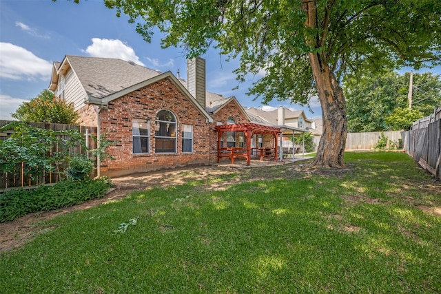 1109 Huntington Trl, Mansfield, TX 76063 - rear view of house with a pergola, brick siding, a chimney, a patio area, and a shingled roof