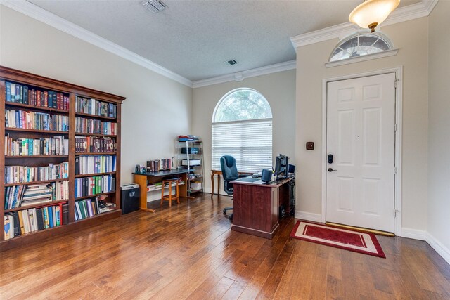 1109 Huntington Trl, Mansfield, TX 76063 - home office featuring hardwood / wood-style flooring, crown molding, baseboards, and a textured ceiling