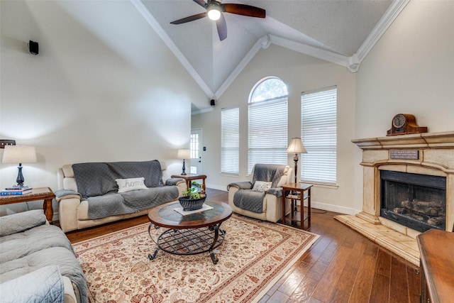 1109 Huntington Trl, Mansfield, TX 76063 - living room featuring ceiling fan, hardwood / wood-style flooring, healthy amount of natural light, a premium fireplace, and high vaulted ceiling