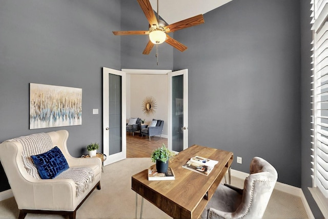 12164 Curry Creek Dr, Frisco, TX 75035 - carpeted office with a high ceiling, ceiling fan, french doors, and baseboards