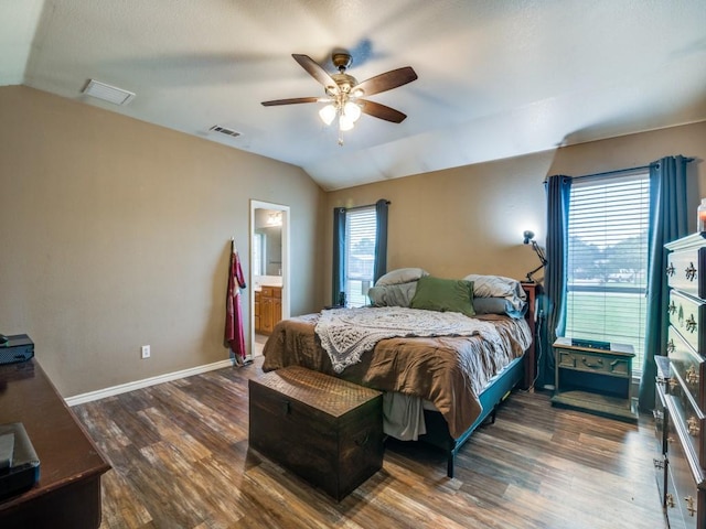 605 Lakeridge Dr, Lavon, TX 75166 - bedroom featuring lofted ceiling, wood finished floors, baseboards, and a ceiling fan