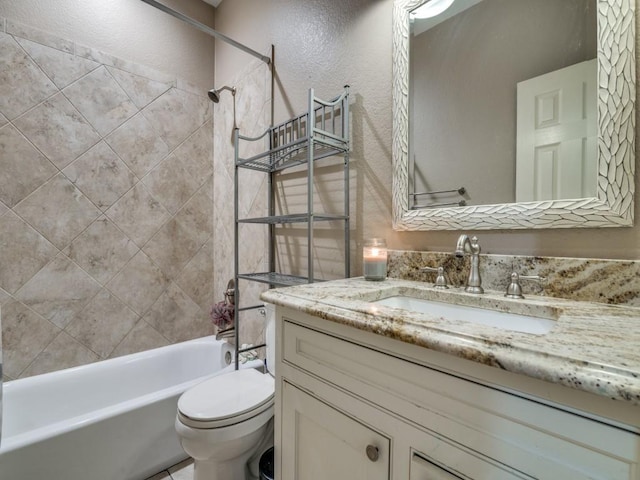 605 Lakeridge Dr, Lavon, TX 75166 - bathroom with toilet, shower / bath combination, vanity, and a textured wall