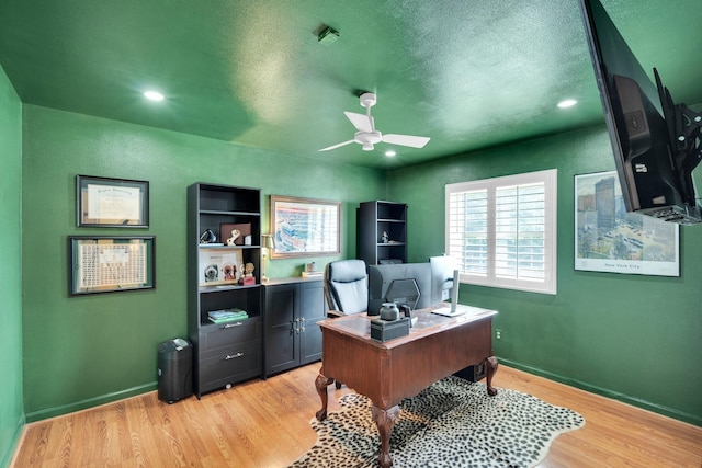 12327 Band Box Pl, Dallas, TX 75244 - office with ceiling fan, light wood-type flooring, baseboards, a textured ceiling, and recessed lighting